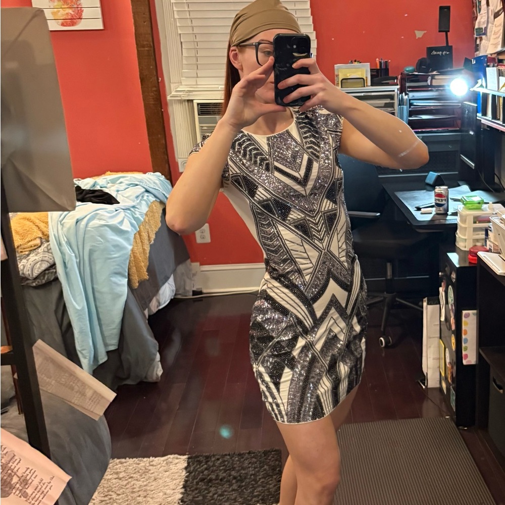 Geometric Black and White Dress Sequin Dress